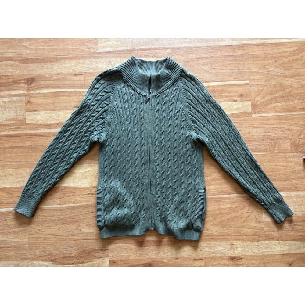 Mel & Lisa Olive Cable Knit Silk Blend Zip Cardigan, Size M